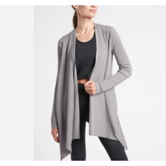 ATHLETA SOLTISE SIZE XL WRAP CARDIGAN SWEATER HEATHER GREY MERINO WOOL BLEND - Picture 1 of 9
